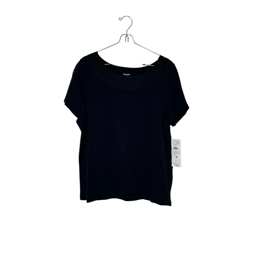 TanJay Women's Top Embroidered Eyelet Crew Neck Short Sleeve Black Medium NWT